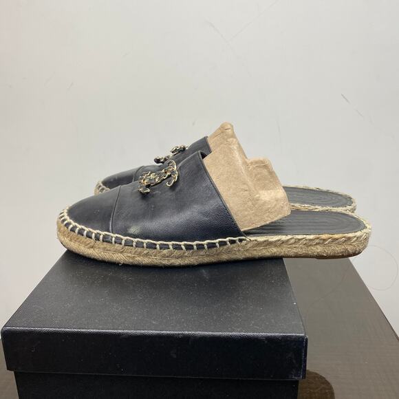 Chanel CC Logo Leather Cap Toe Espadrilles Mules Women's 40 - Picture 5 of 11
